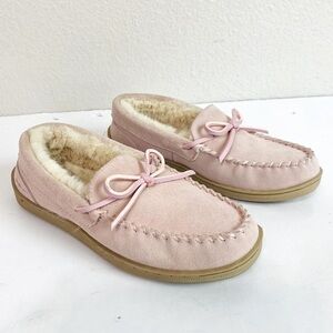 My Slippers Soft Pink Suede Leather Faux Fur Lined Moccasin Slippers Size 7
